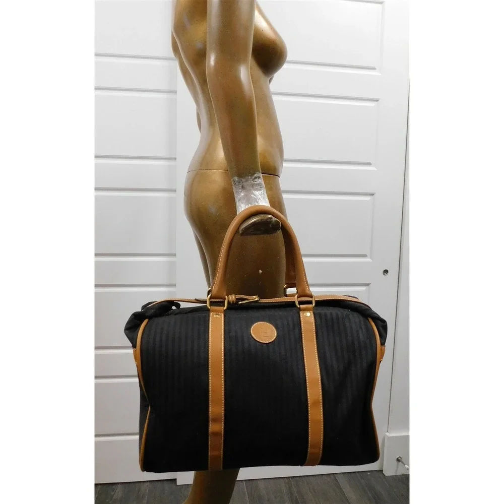 Fendi Italy Vintage Black Striped Canvas Leather Duffle Carry-on Tote Bag‎
